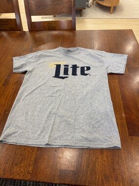 Miller Lite Logo Tee - Heather Gray with Navy & Gold Print unisex size M